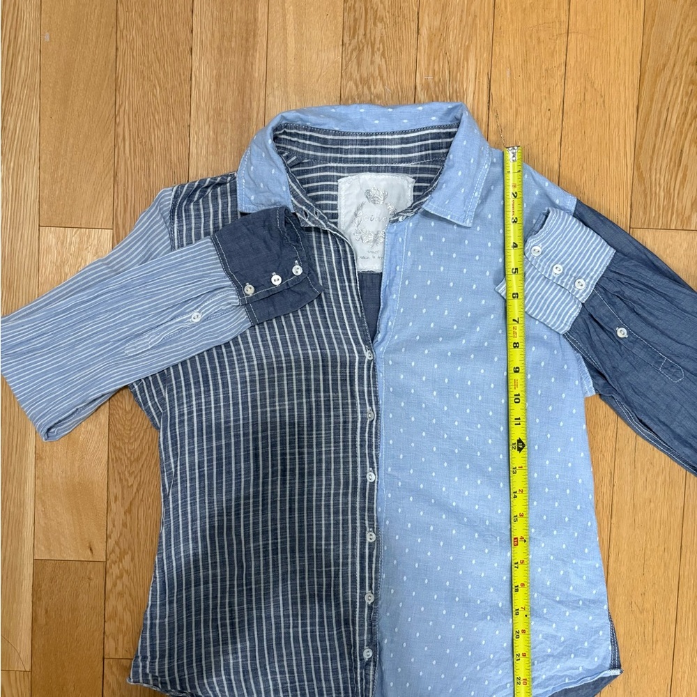Cino Mixed Media Patchwork Button Down Shirt Blue… - image 7